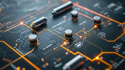 Close-up of high-tech circuit board with glowing traces and electronic components
