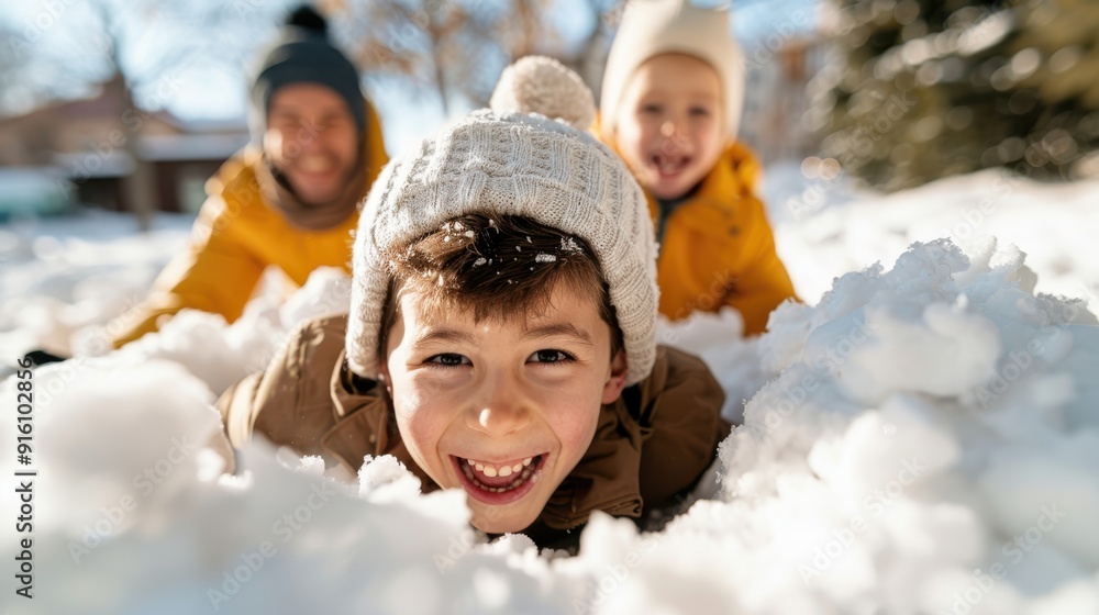 Wall mural children playing in the snow with smiling faces, dressed in winter clothing. one child lies in the s