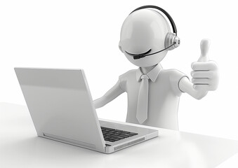 A 3D character with a headset giving a thumbs up while using a laptop.