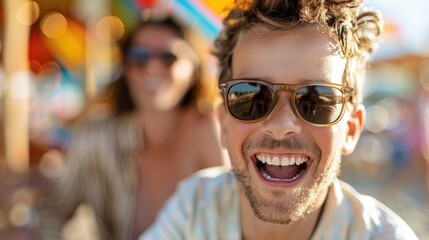 A young man laughing heartily on a sunny day during an outdoor event. The background is colorful and bright, with another person slightly out of focus.