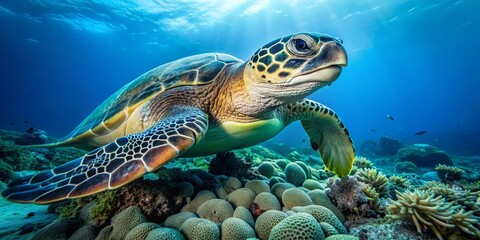 Obraz premium Real green sea turtle eating in atoll during deep sea scuba dive around Sipadan Island, Malaysia, green sea turtle