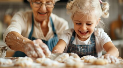 A heartwarming scene of a grandmother and her granddaughter baking cookies together in a kitchen, capturing the essence of family bonding and shared traditions.