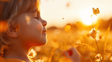 Fototapeta premium A child sitting in a field while the sun sets, bathed in the warm, golden hues of the golden hour, surrounded by flowers and captivated by a butterfly.
