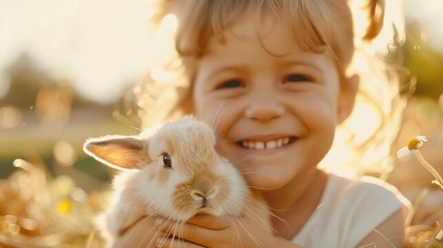 A child gently cradling a fluffy bunny rabbit in their arms, surrounded by a warm, golden glow of the afternoon sun, creating a serene and heartwarming scene.