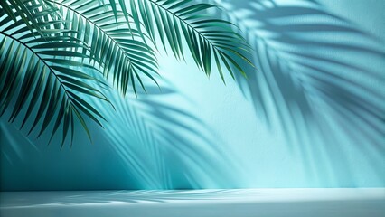 Blurred shadow of palm leaves on light blue wall for product presentation, minimal, abstract, background, spring