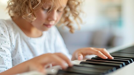 A young child is playing a keyboard piano and focusing on creating music, indicating skill development and creative expression. The room is bright and simple.