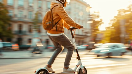 A young individual in casual attire rides an electric scooter through urban streets, showcasing modern personal transportation options on a bright, sunny day.