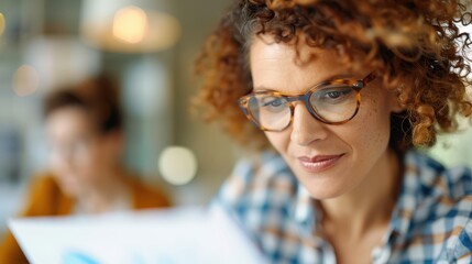 A woman with curly hair reading a document with concentration in a modern, brightly lit work environment, suggesting a professional setting and thoughtful analysis.