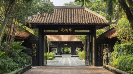 Obraz premium A traditional wooden gate with an ornate roof leads to a beautiful, tranquil garden.