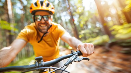 A cyclist wearing a helmet and riding through a scenic forest trail bathed in sunlight. The image captures the essence of adventure, nature, and outdoor sports.
