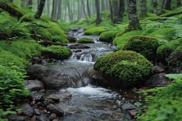 Moss Covered Rocks With A Small Creek Flowing Through A Forest