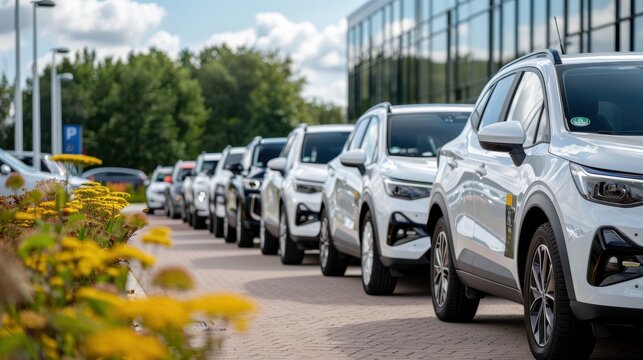 A row of white cars is neatly parked outside a modern dealership, with a blue sky and green trees in the background, creating a clean and organized appearance.
