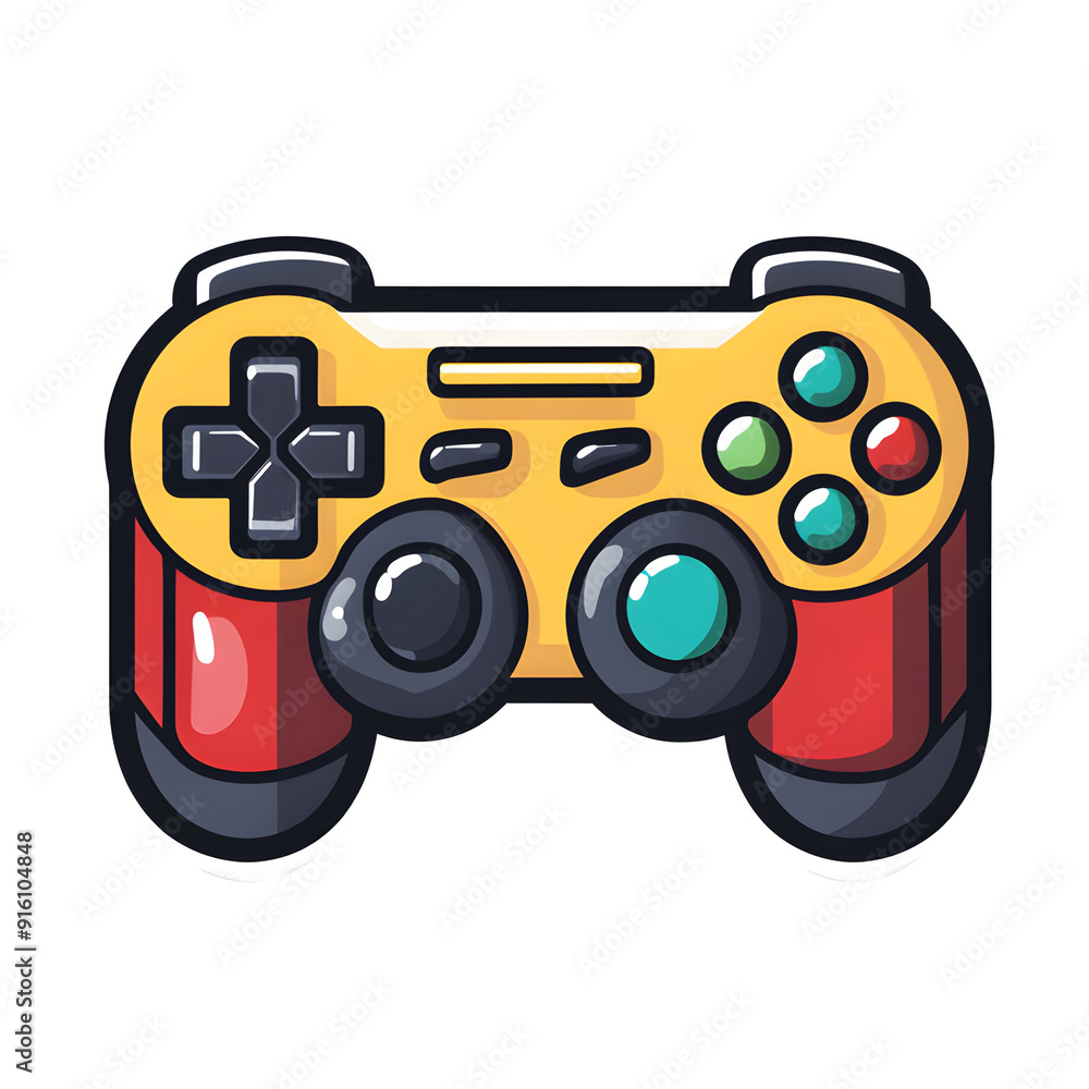 Poster a yellow and red game controller with a black button on the left side