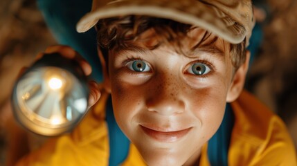 Fototapeta premium A dramatic shot of a child holding a glowing flashlight, capturing the essence of adventure and curiosity, set against a dark backdrop, symbolizing exploration at night.