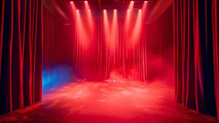 Dramatic stage with red curtains and spotlight in an empty theater
