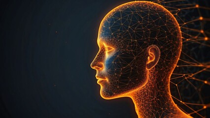 Obraz premium Dgital profile, glowing particles, neural network, artificial intelligence, futuristic, technological, consciousness, data visualization, golden light, dark background, human silhouette, interconnect