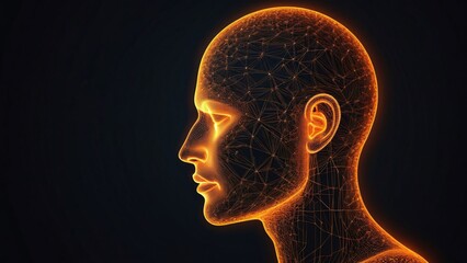 Obraz premium Dgital profile, glowing particles, neural network, artificial intelligence, futuristic, technological, consciousness, data visualization, golden light, dark background, human silhouette, interconnect