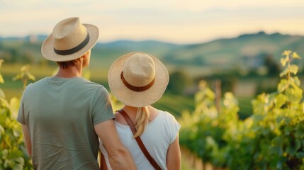 Fototapeta premium An idyllic scene of a couple standing in a vineyard, embracing and enjoying the serene beauty of sunlit rolling hills and lush green grapevines, depicting a peaceful romantic getaway.