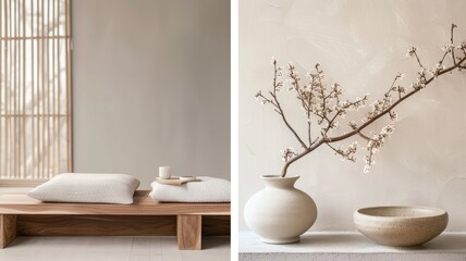 Minimalist interior with wooden bench, pillows, and cherry blossom vase