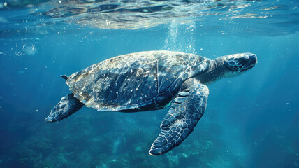 Fototapeta premium Sea turtle swimming underwater with clear blue water background