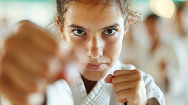 A determined young girl in a martial arts uniform throws a powerful punch towards the camera, showcasing energy, focus, and dedication in her training.