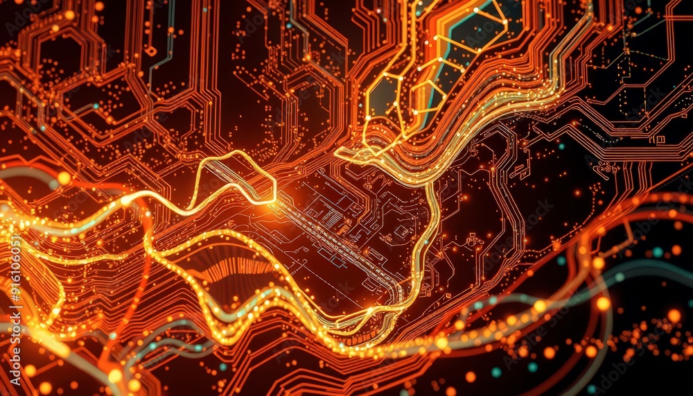 Poster abstract circuit board pattern with glowing lines.