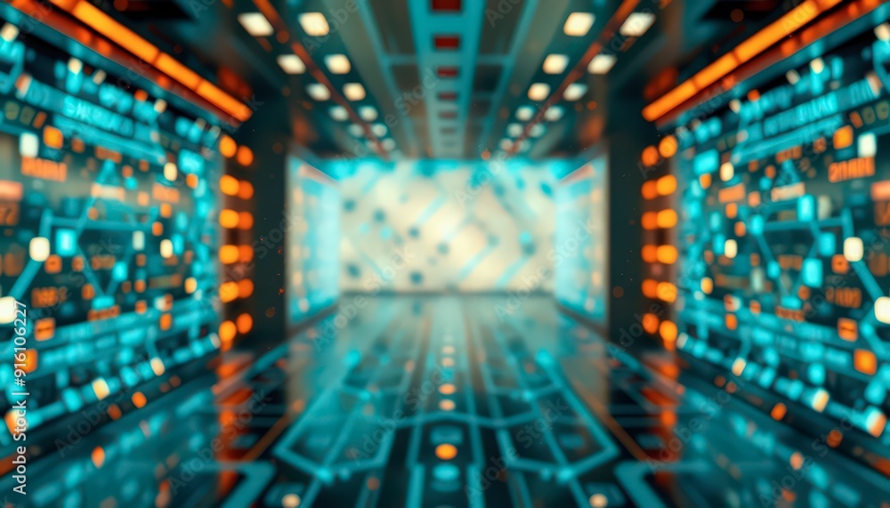 Aufkleber futuristic corridor with abstract data displays.