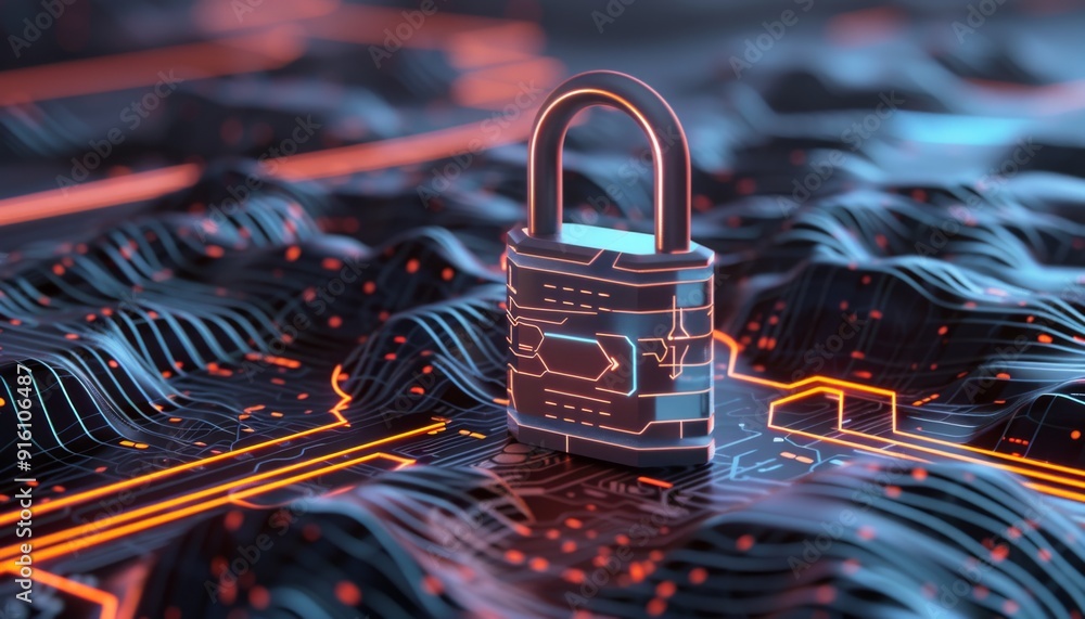 Poster a padlock with glowing neon lights circuitry with cyber security concept.