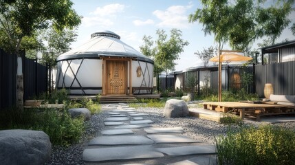 A stone path leads to a wooden door of a yurt.