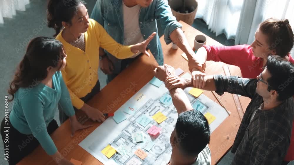 Poster top view of smart business team work together and holding wrist together at meeting room. aerial vie