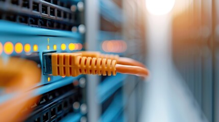 An orange network cable is plugged into a server in a data center rack, emphasizing the connection and infrastructure required for modern networking and communication.