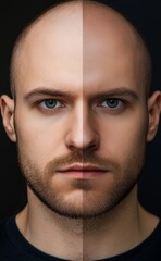 Obraz premium Duality of Light and Shadow: A Portrait of a Man with Half-Illuminated, Half-Shadowed Face on a Clean Background.