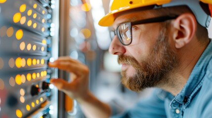 A technician in a hard hat and glasses is working on server racks with glowing lights, focusing on inspecting and adjusting the hardware inside a modern data center.