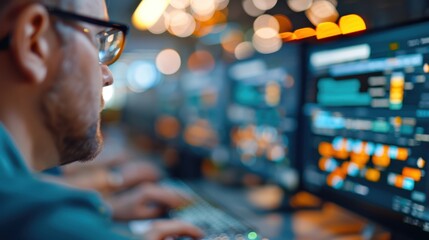 A person is in a control room carefully monitoring multiple screens displaying various data and graphs, symbolizing the responsibility and focus required in a technical role.