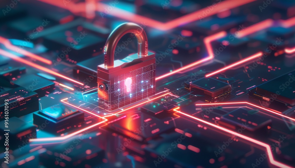 Poster a padlock with glowing neon lights circuitry with cyber security concept.