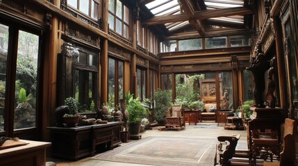 Fototapeta premium A sunlit interior with a glass roof and wooden beams, featuring ornate furniture and potted plants.