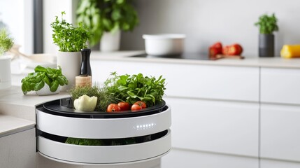 Compact kitchen corner showcasing a futuristic brush holder with built-in smart storage compartments, optimizing small spaces with high-tech flair