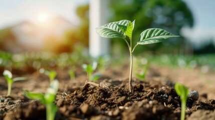 A close-up of a young plant sprouting from rich soil green leaves opened towards the vibrant sunlight, encapsulating hope growth and the beauty of nature's rebirth.