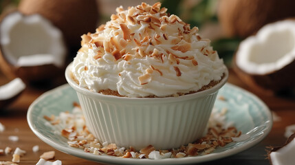 creamy dessert topped with toasted coconut flakes served in a white dish surrounded by fresh coconut pieces
