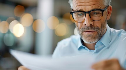 A mature man with glasses and a beard reads a document with deep focus and attention, reflecting a serious and thoughtful engagement with his task in a modern setting.