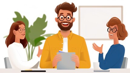 An animated illustration of an office meeting featuring three individuals engaged in a discussion around a table, emphasizing collaboration, communication, and professional environment.