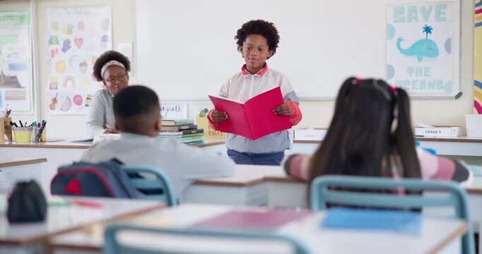 School, reading and child with presentation in classroom for lesson, learning and oral assessment. Teaching, education and student listening for public speaking, speech development or show and tell