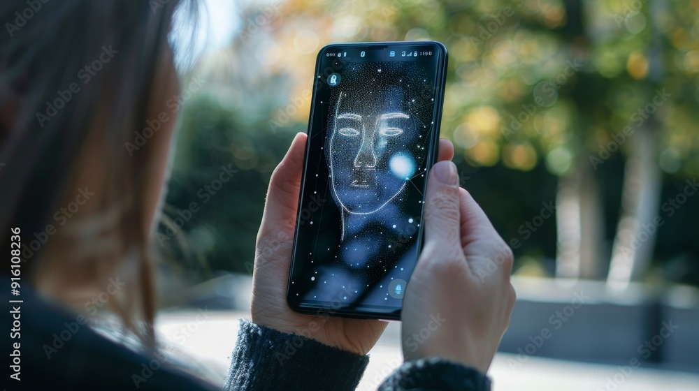 Poster imagine a smartphone with biometric security features, including facial recognition and fingerprint 
