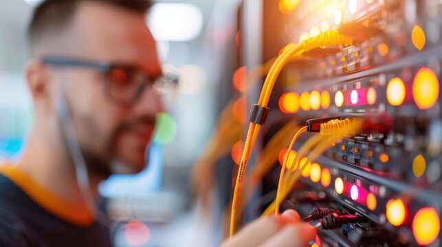 A technician is handling network cables connected to servers in a data center, showcasing their expertise in managing connectivity and maintaining the infrastructure.
