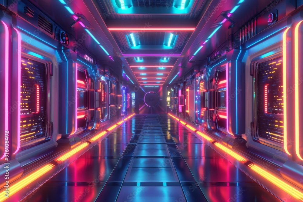 Poster geometric figure in neon light against a dark tunnel creating sci-fi environment