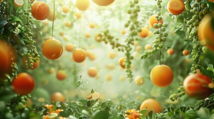 Imagine a whimsical garden where fruits grow on vines that float above the ground. Write about the surreal sight of floating oranges, grapes, and melons
