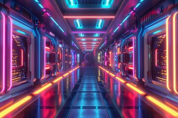Geometric figure in neon light against a dark tunnel creating sci-fi environment