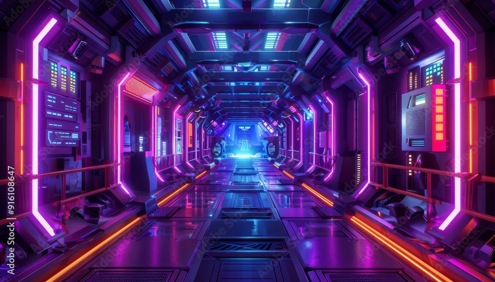 Poster geometric figure in neon light against a dark tunnel creating sci-fi environment