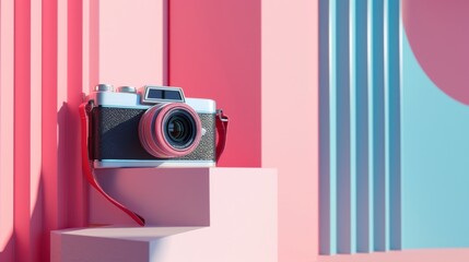 Fototapeta premium Retro film camera on a modern pastel geometric background