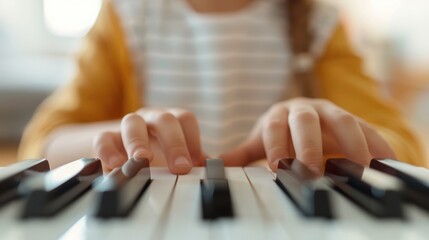 A close-up shot highlights a youngster's hands pressing the keys of a piano,  portraying a sense of concentration and musical expression. Wearing striped and yellow clothes.